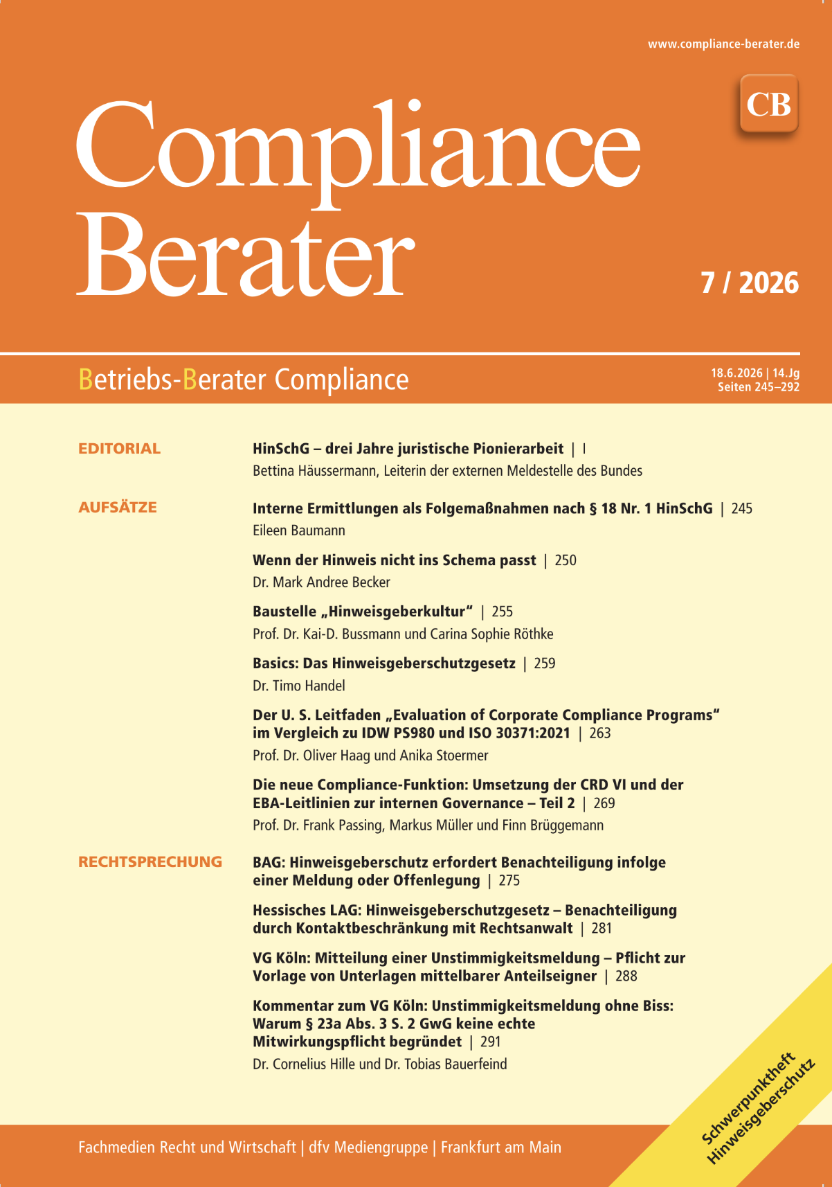 The New Compliance Function: Implementation of CRD VI and the EBA Guidelines on Internal Governance – Part 2 (german only)